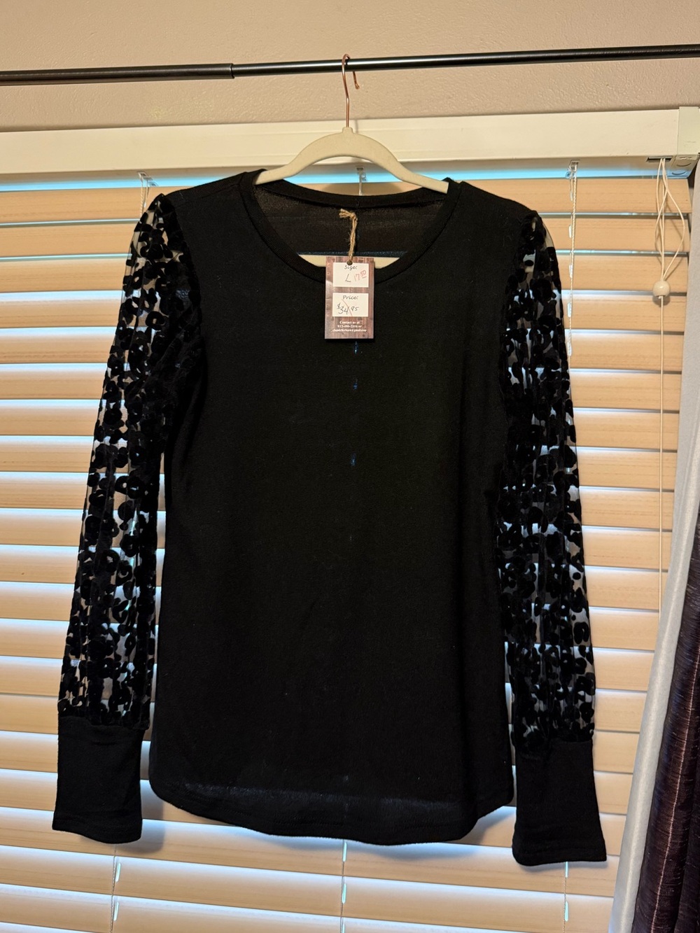 Women's Black Long-Sleeve Top with Velvet Burnout Sleeves
